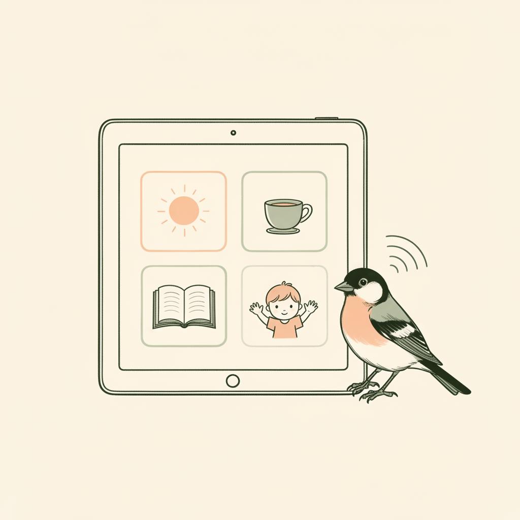 Tablet showing visual language supports beside a small finch with sound waves